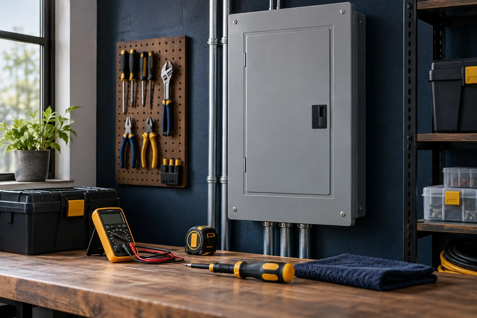 Illustration: closed electrical panel and tools illustrating panel upgrade services
