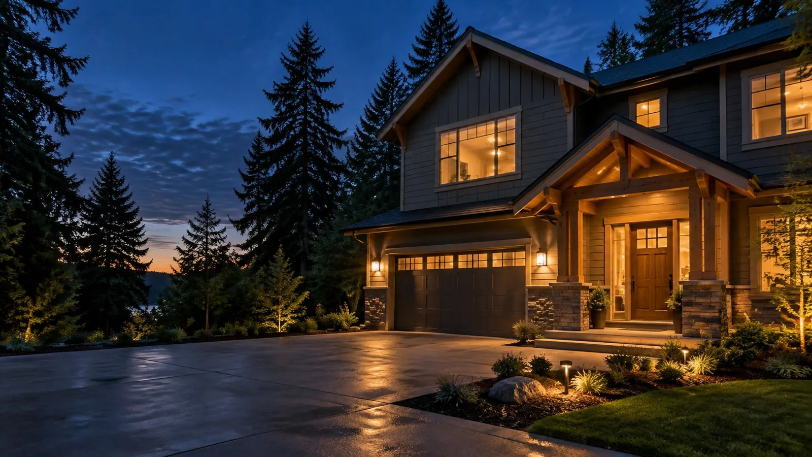 Illustration: pacific Northwest-style home with exterior lighting